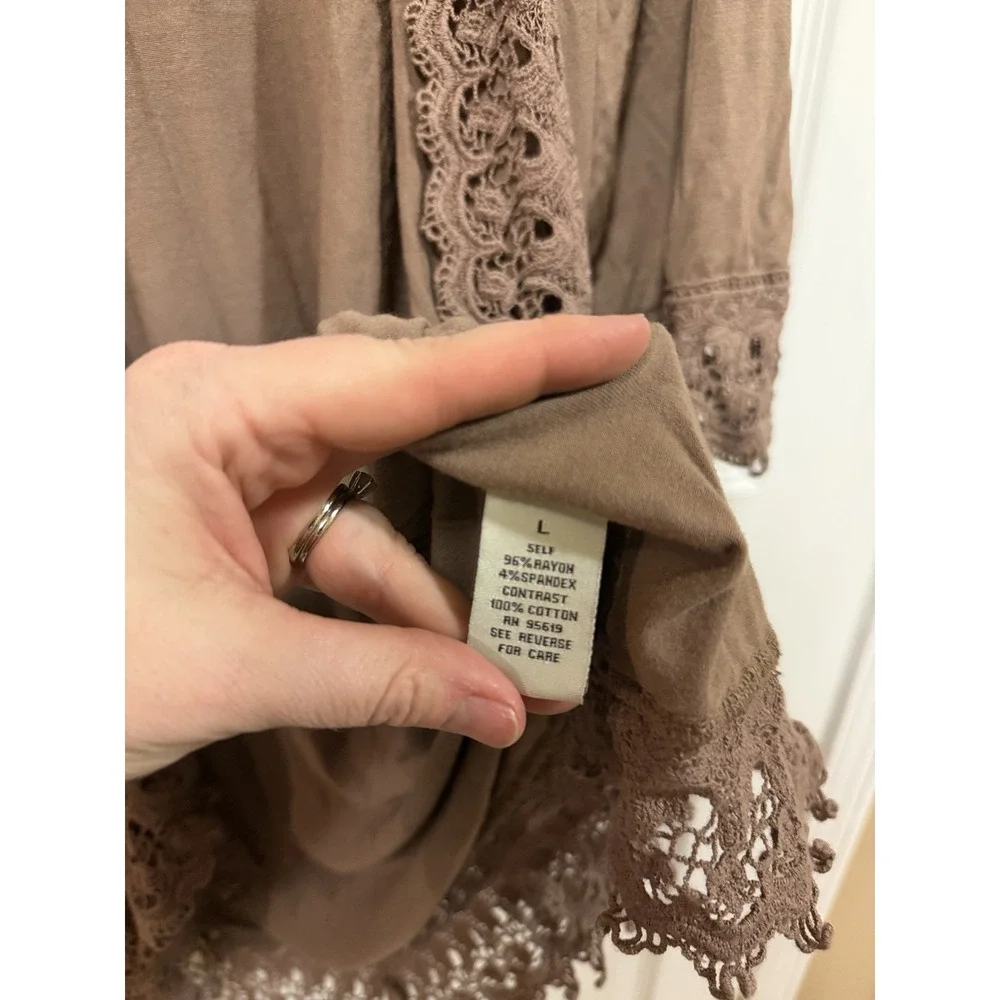 Fever Womens Mocha Brown Crochet Lace‎ Trim Open Front Cardigan 3/4 Sleeve Large